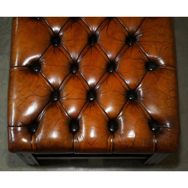 Brown Vintage Brown Hand-Dyed Tufted Leather Chesterfield Ottomans, Set of 2 For Sale - Image 8 of 18