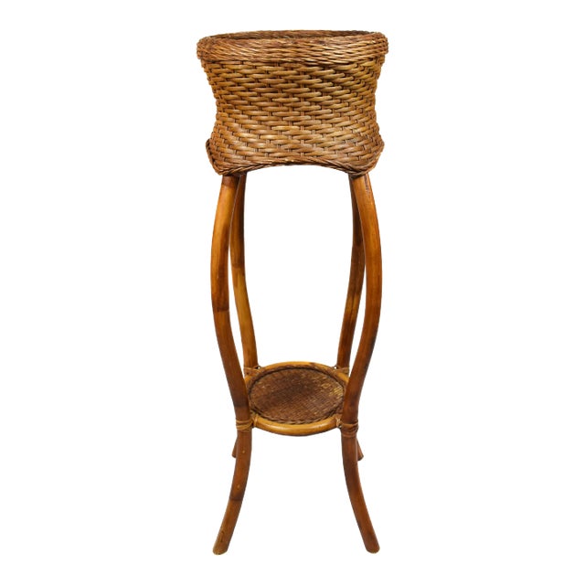 Mid Century Hand Woven Wicker Rattan Bamboo Displaying Plant Stand For Sale