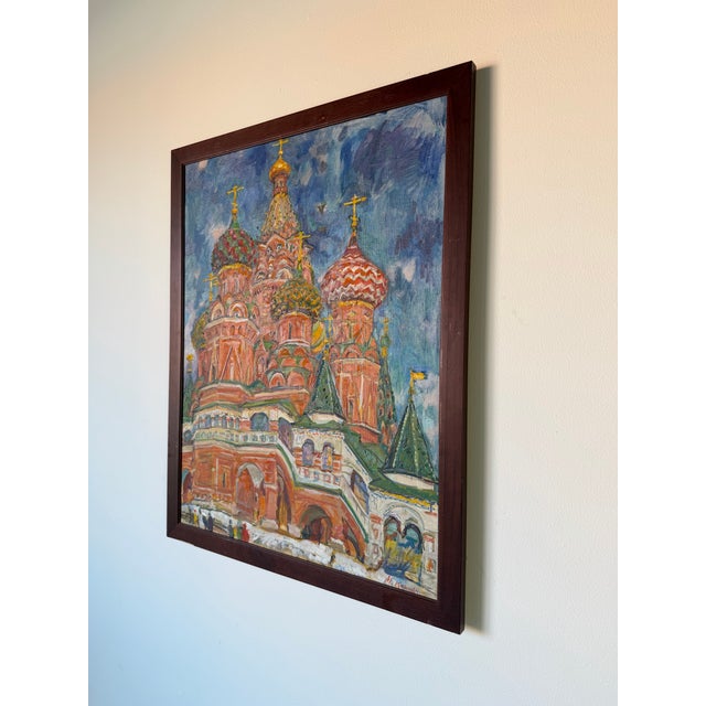 1980’s Vintage Moscow Cathedral of St. Basil Expressionist Oil on Canvas Painting, Signed For Sale - Image 4 of 11