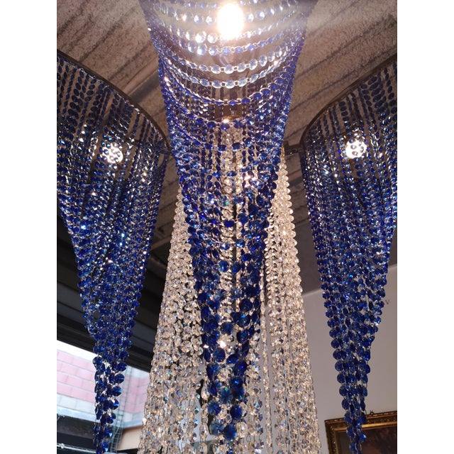 Large Cobalt Blue and Clear Crystal Beaded Chandelier For Sale - Image 14 of 17