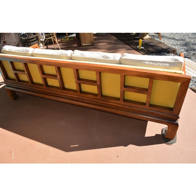 Vintage Baker Style Asian / Ming Fretwork Wooden Couch W/ White Embossed Cushions For Sale - Image 6 of 18