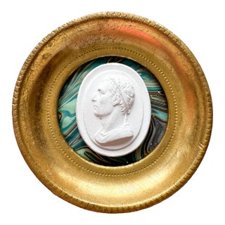 Small Intaglio Portrait, Man Looking Left Cameo, in Vintage Florentine Frame on Marbled Paper by Dorothy Art, 3x3” For Sale