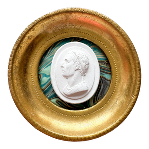 Small Intaglio Portrait, Man Looking Left Cameo, in Vintage Florentine Frame on Marbled Paper by Dorothy Art, 3x3”