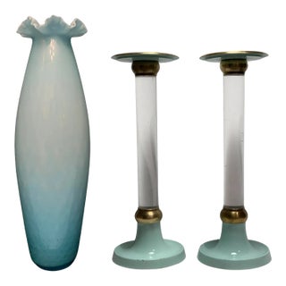 Art Glass Crimped Lip Light Blue Vase and Candle Holder Set For Sale