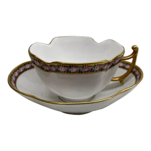 Antique Bavarian Demitasse Tea Cup & Saucer with Pink Rose with Black & Gilt Gold Trim