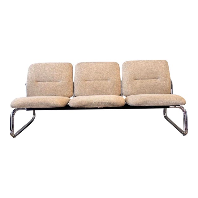 1980s Postmodern Steelcase Chrome & Oatmeal Tweed 3 Seater Sofa #2 For Sale