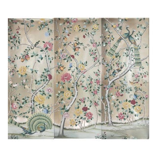 Champagne Gold Leaf Chinoiserie Hand-Painted Peacock & Floral Wall Panels (Set of 3) For Sale