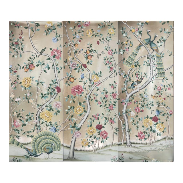 Champagne Gold Leaf Chinoiserie Hand-Painted Peacock & Floral Wall Panels (Set of 3) For Sale