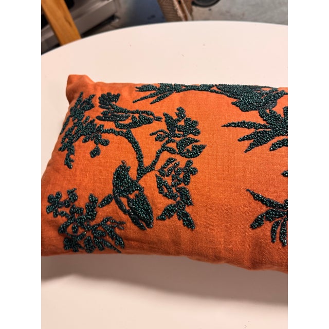 Orange Orange + Dark Green Embroidered Lumbar Pillow For Sale - Image 8 of 12