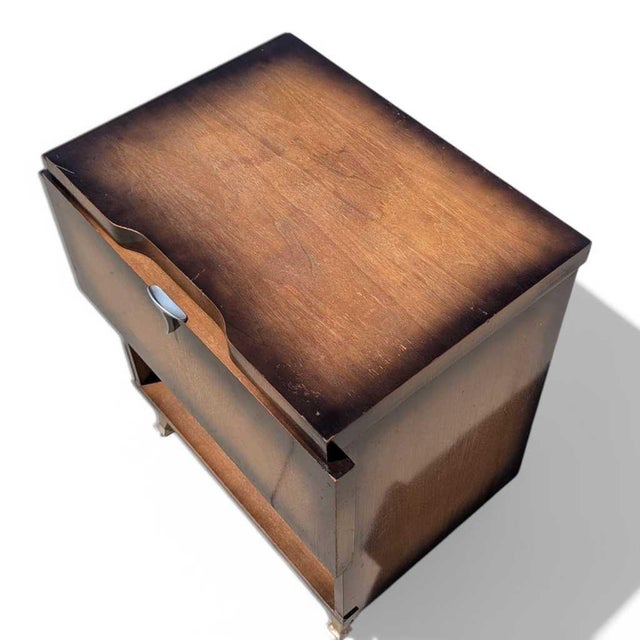 1950s Atomic Walnut Drop-Front Nightstand With Metal Legs, Mid-Century For Sale - Image 9 of 16