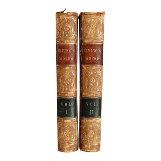 19th Century The Works of Washington Irving, Volume I-II Leather Bound Books - Set of 2 For Sale