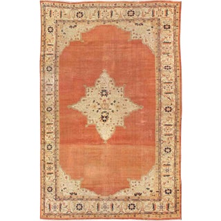 Antique Ziegler Sultanabad Rug in Soft Orange Background, Ivory and Pops of Navy Blue For Sale