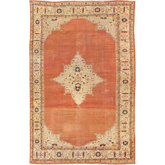 Antique Ziegler Sultanabad Rug in Soft Orange Background, Ivory and Pops of Navy Blue For Sale