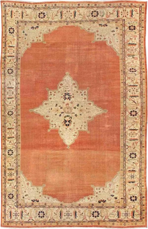 Antique Ziegler Sultanabad Rug in Soft Orange Background, Ivory and Pops of Navy Blue