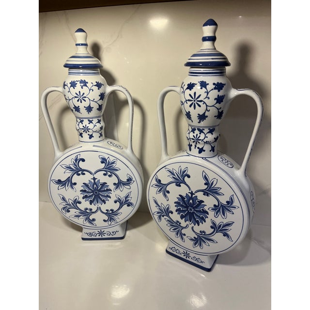 Vintage Pair of Blue and White Chinese Porcelain Moonflask (Urn, Vase) For Sale - Image 12 of 13