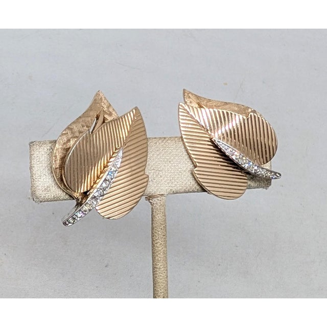 Mid-Century Modern Vintage Signed Boucher Goldtone Leaves With Clear Rhinestones Clip Earrings-2 Pieces For Sale - Image 3 of 12