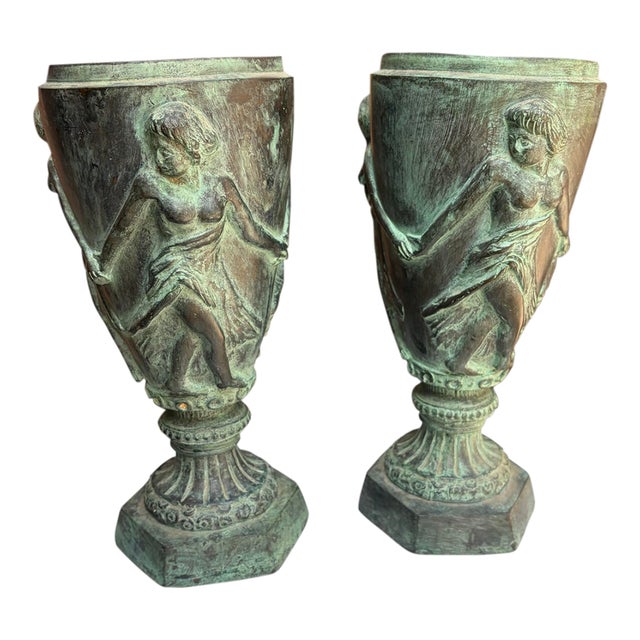 Pair of 11.5" Antique Art Nouveau Bronze Chalice Urns With Dancing Nymphs For Sale