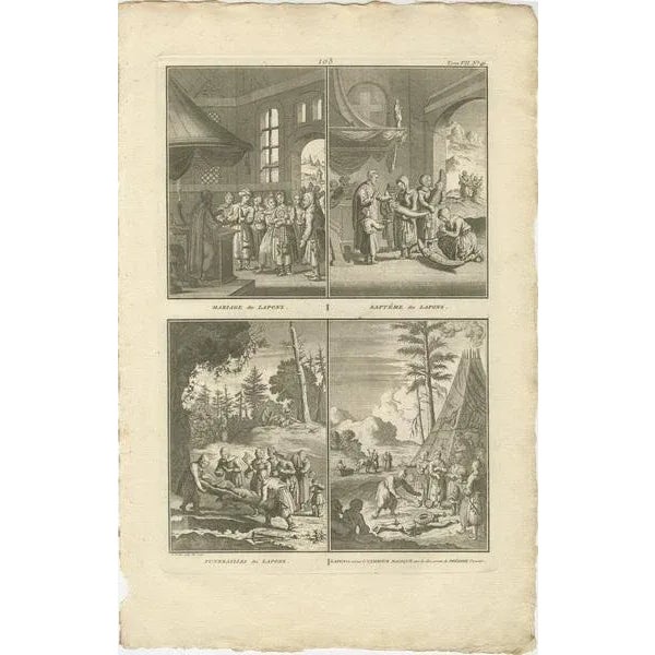 Marriage, Baptism, and Other Customs of the Sami People This print features four distinct scenes depicting various customs...