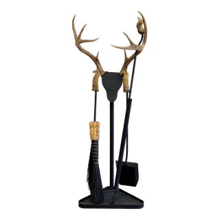 Vintage Wrought Iron and Carved Antler Fireplace Tools With Stand For Sale