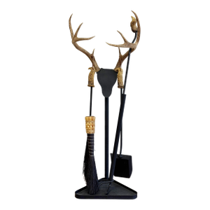 Vintage Wrought Iron and Carved Antler Fireplace Tools With Stand