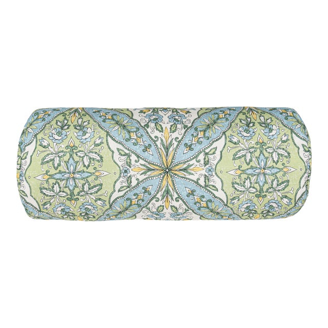 Scalamandre 21" x 7" Provence Bolster Pillow in Aqua Meadow For Sale