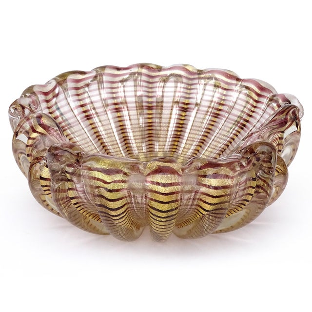 Glass Murano Barovier Toso Vintage Purple Swirl Gold Flecks Italian Art Glass Decorative Ribbed Seashell Ashtray Bowl For Sale - Image 7 of 9