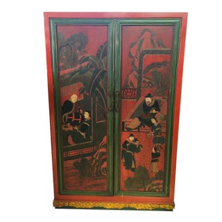 Hand Painted Chinoiserie Red Armoire For Sale