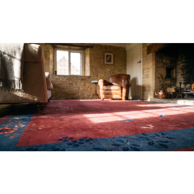 1920s Raspberry Pink Floral Antique Chinese Art Deco Carpet 9'10" X 13'6" Knotted Wool Rug For Sale - Image 10 of 12