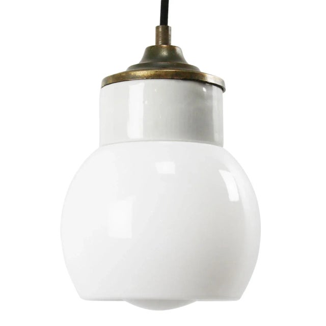White Vintage Industrial White Porcelain Opaline Glass Brass Pendant Light For Sale - Image 8 of 8