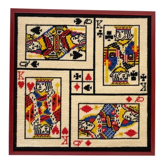 Vintage Playing Cards Framed Needlepoint For Sale
