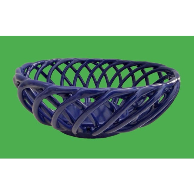 Hollywood Regency Vintage Italian Blue Lattice Open Weave Ceramic Fruits Basket. For Sale - Image 4 of 12