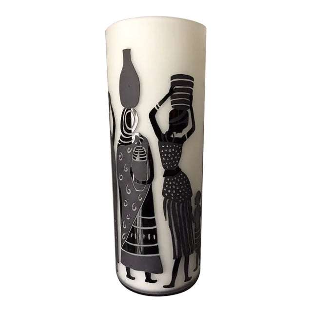 African, Tribal Cut Cameo Glass Vase, Ethnographic Women & Children For Sale