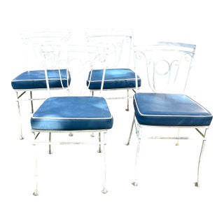 1960’s White Wrought Iron Patio Chairs W/Leather Seat Cushions 4 For Sale