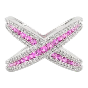 Pink Sapphire & Diamond Criss Cross Cocktail Ring- Round Cut Gemstone Midi Finger Ring Size 7