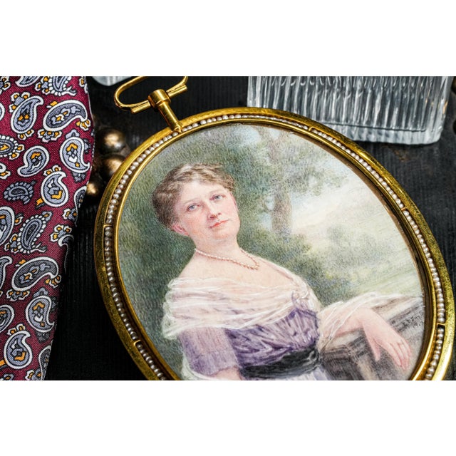American Exceptional Oversized Antique Portrait Miniature Painting Society Woman Keepsake Seed Pearl Gold Wash Frame Pennsylvania History For Sale - Image 3 of 16