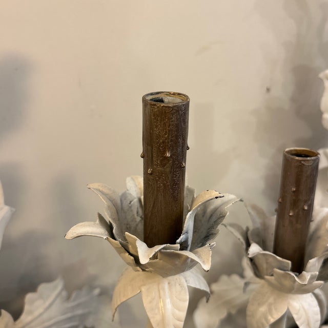 French Mediterranean Hollywood Regency Leaf Design Metal Wall Sconces a Pair Electrified For Sale - Image 11 of 12