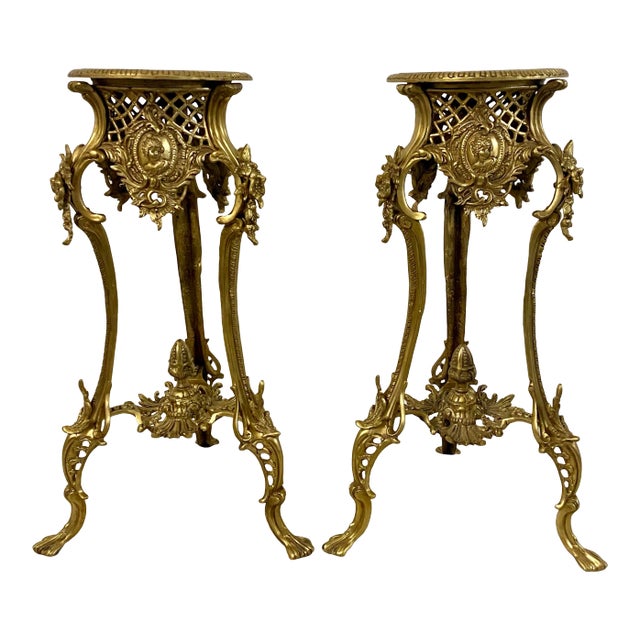Vintage Gilded Bronze Plant Stands With Inlay C.1940 - a Pair For Sale