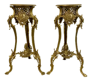 Vintage Gilded Bronze Plant Stands With Inlay C.1940 - a Pair