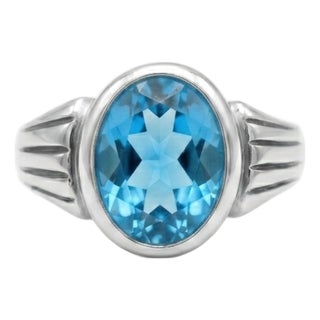 Swiss Blue Topaz Signet Ring, Oval Cut Gemstone Chunky Ring Us 7 For Sale