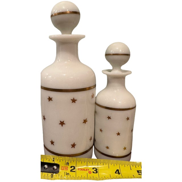 Antique Portieux Vallerysthal French White Opaline Gold Star Apothecary Bottles — Pair For Sale - Image 9 of 13