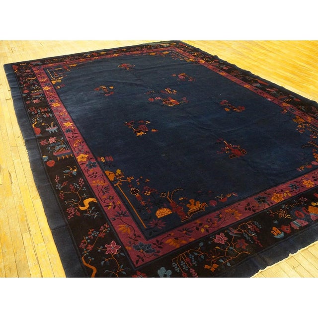 1920s 1920s Antique Navy Floral Oriental Chinese Art Deco Rug in Mandarin Quality For Sale - Image 5 of 11