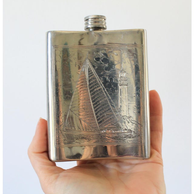 English Vintage English Pewter Nautical Ship Hip Flask For Sale - Image 3 of 8