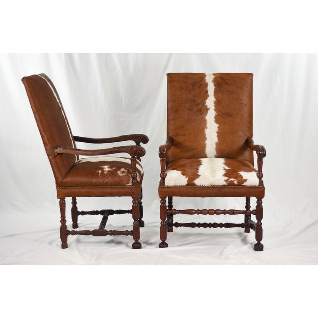 1920s 1920s Statement Pair of Grand Antique Armchairs | New Cowhide Upholstery For Sale - Image 5 of 16