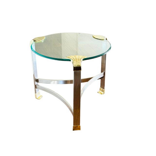 Late 20th Century Vintage Hollywood Regency Chrome & Brass Glass-Top Side Table | Sculptural Tri-Leg Base | Art Deco Revival Accent Table For Sale - Image 5 of 10
