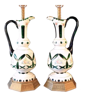 P020 Dazzling Large Antique Bohemian Glass Ewer Lamps Coin Dot Cut to Green - a Pair
