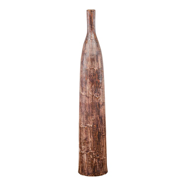 Tall and Slender Textured Brown Minimalist Ceramic Vase For Sale