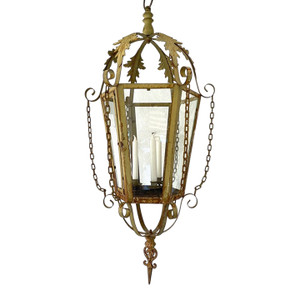 Vintage Large Metal & Glass Hanging Candle Lantern