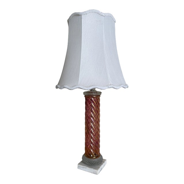 Vintage Pink Iridescent Spiral Column and Clear Hobnail Glass Table Lamp With Marble Base For Sale