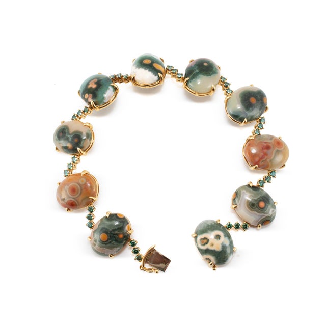 18k Yellow Gold Jasper Cabochons & Green Treated Diamonds Station Link Bracelet For Sale - Image 4 of 8