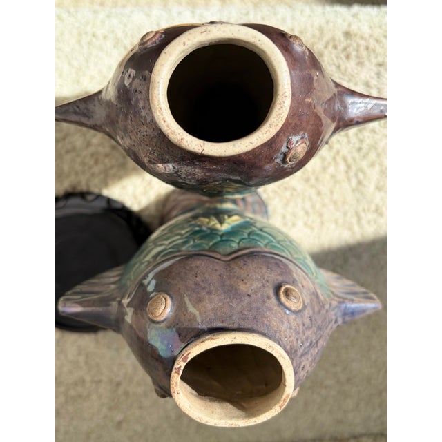 Bottle Green Antique Chinese Sancai Glazed Koi Fish Vase Pair Tang Style 1930 Art Nouveau For Sale - Image 8 of 9